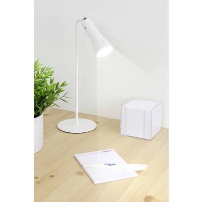 A minimalist desk with a switched-on white lamp, a notepad, a pen and a potted plant.