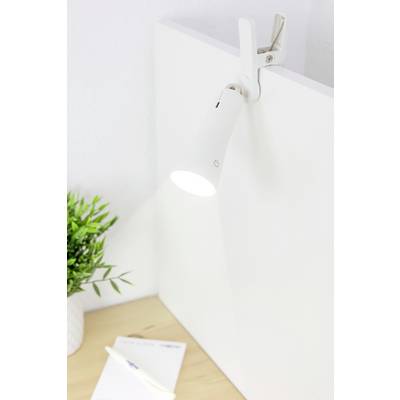 A white clip lamp illuminates a corner of a desk, next to a notepad and a pen. A potted plant is on the left.