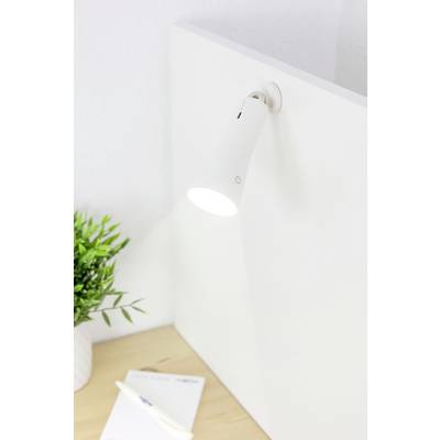 A lamp is mounted on a white wall and is illuminating the space. Next to it stands a potted plant, and some paper with a pen lies on the table.