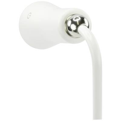 White earphone with a rounded housing and silver accent at the cable connection, shown against a neutral background.