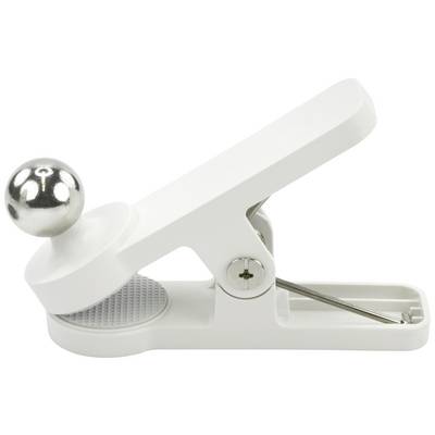 A white, plastic hand tool for removing cherry stones; it has a round metal point and a lever mechanism.