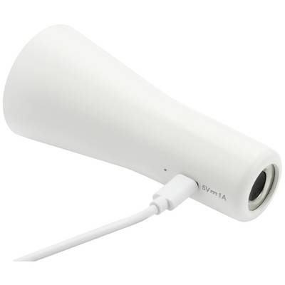 White, conical Bluetooth speaker connected with cable.