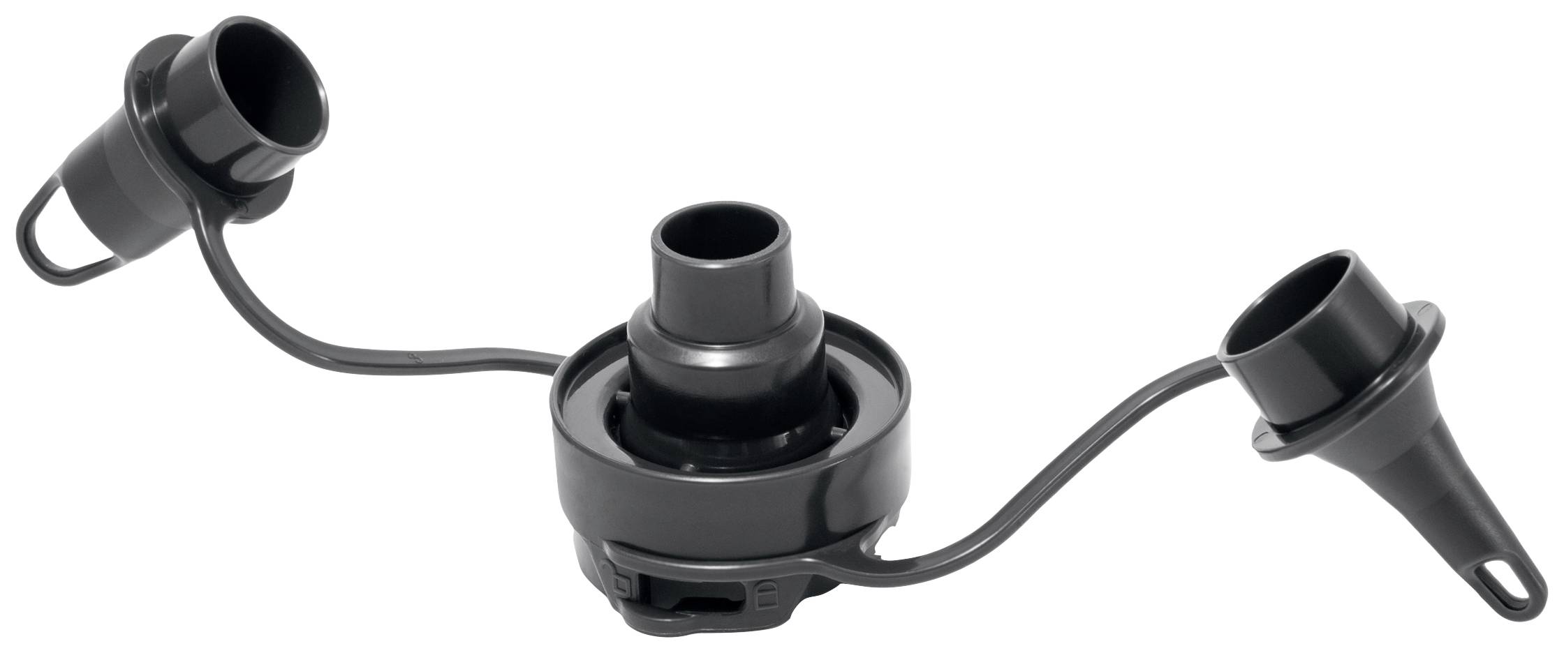 A black adapter with three valves, connected by flexible tubes. Primarily used for inflatable items.