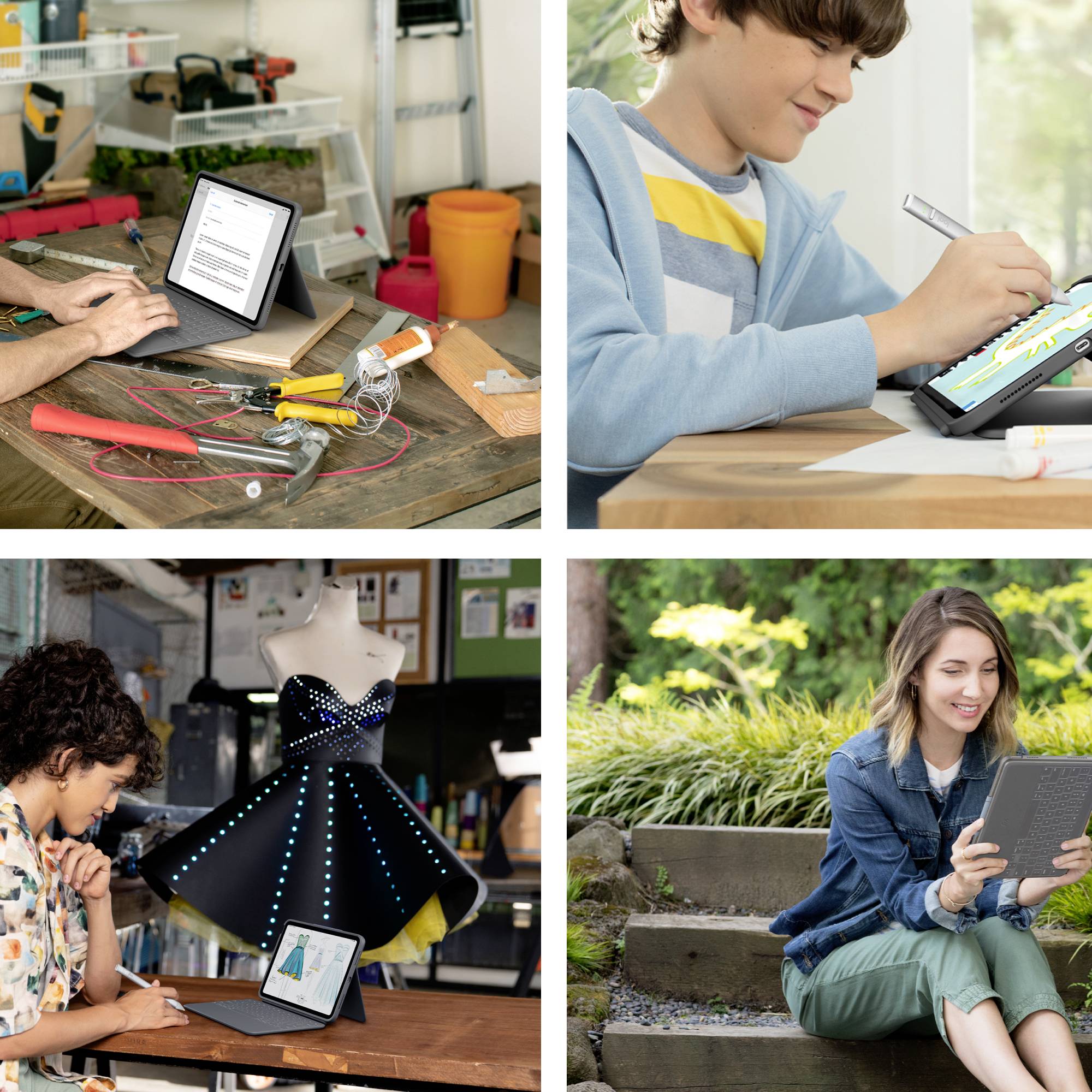 Four people are using various tablets: a man in a workshop, a boy drawing, a designer, and a woman outdoors.
