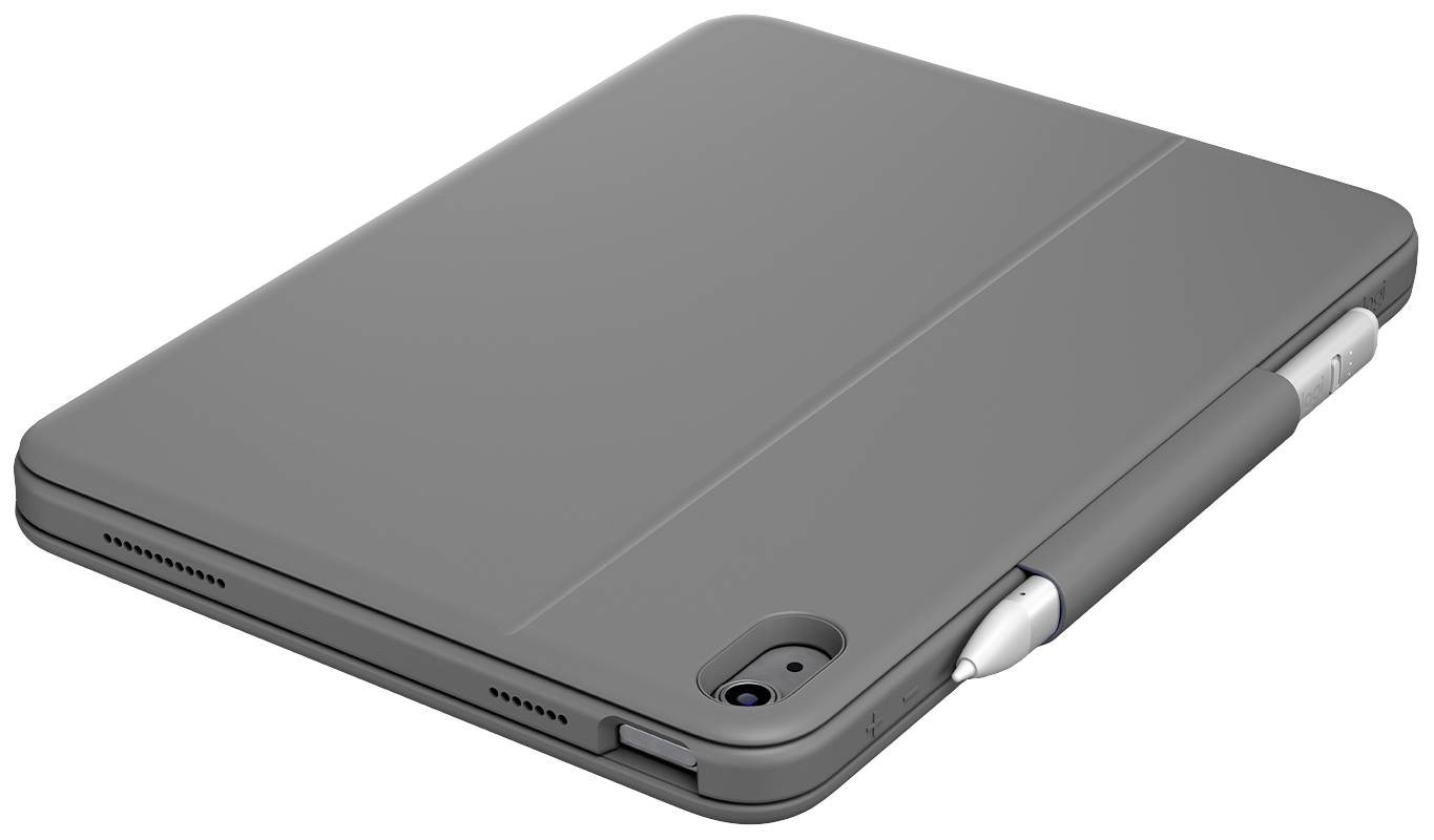 A grey tablet with a stylus in the holder on the side, rear camera visible, lying on a white surface.