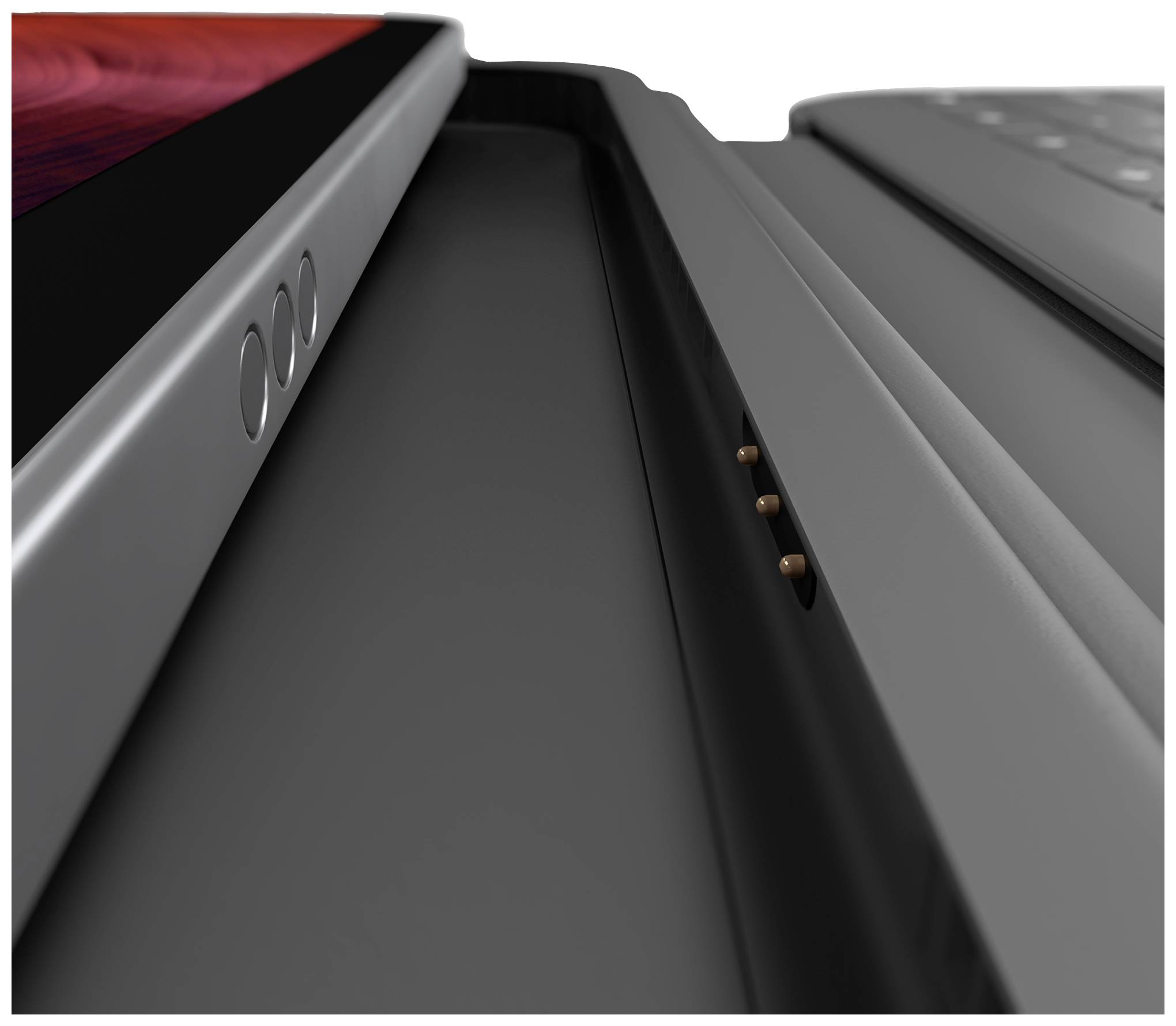 A tablet in a protective case, with magnetic connectors visible, in a close-up shot.