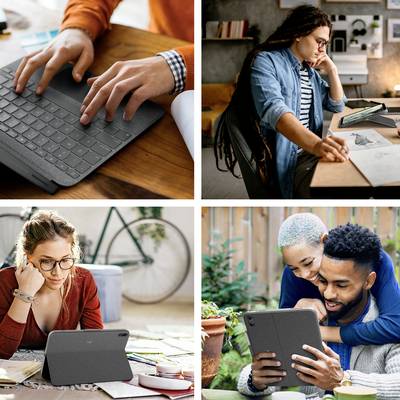 Four images of people working with tablets in different environments: at a desk, outdoors, and at home.