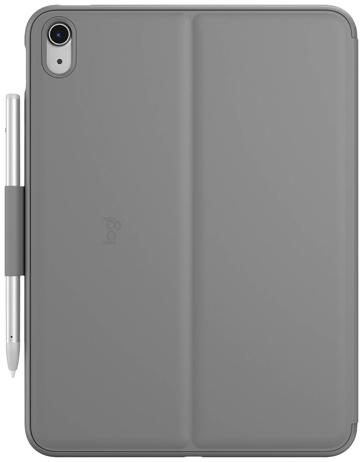 Grey tablet case with an integrated holder for a digital stylus, with the 'logi' logo visible on the back.