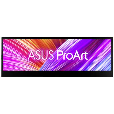 A display with the inscription 'ASUS ProArt' against a background of colourful, curved lines in red, orange, purple and blue.