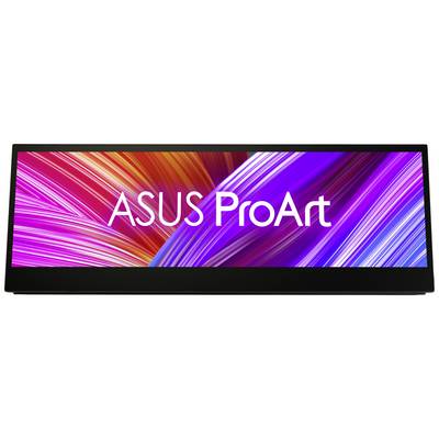 ASUS ProArt Display with a colourful, abstract background of curved lines in red, pink and blue.