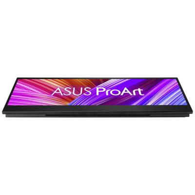 An ASUS ProArt monitor displays a vibrant, colourful background with angled lines representing various colour gradients.