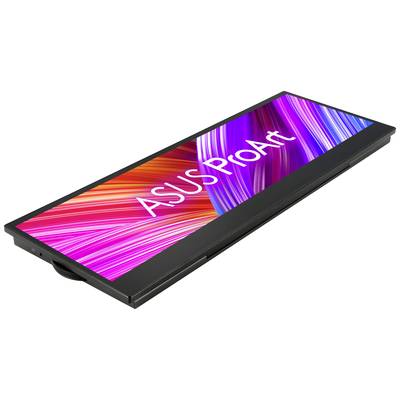 The image shows an ASUS ProArt monitor with a brightly lit pink and blue screen.