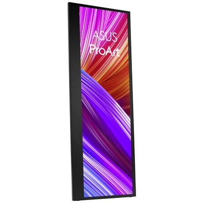 A monitor with 'ASUS ProArt' written in the centre. The screen displays colourful diagonal lines in red, purple, and blue.