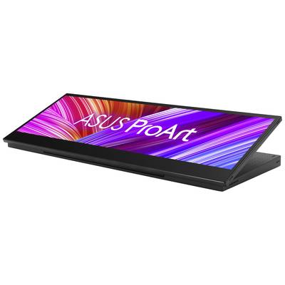 An ASUS ProArt monitor on an angled surface, displaying colourful, diagonal lines on the screen and the text 'ASUS ProArt'.