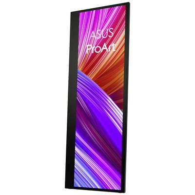 A portrait-oriented ASUS ProArt monitor displaying a vibrant, colourful image with diagonal lines in shades of red, purple, and blue.