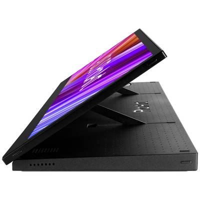 A tablet with a detachable keyboard in profile, propped up with a stand. The screen displays colourful stripes.