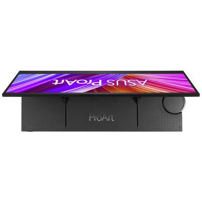 A flat screen with a digital design in vibrant colours and the inscription 'ASUS ProArt'. The screen is adjustable.
