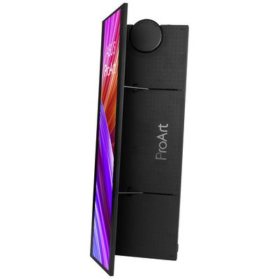 A narrow, vertically positioned monitor displays colourful stripes. The back has a round stand. 'ProArt' can be seen on it.