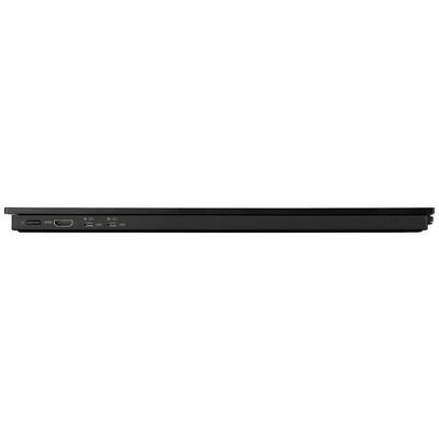 Black laptop viewed from the side, with connections for power, USB and network cable, closed.