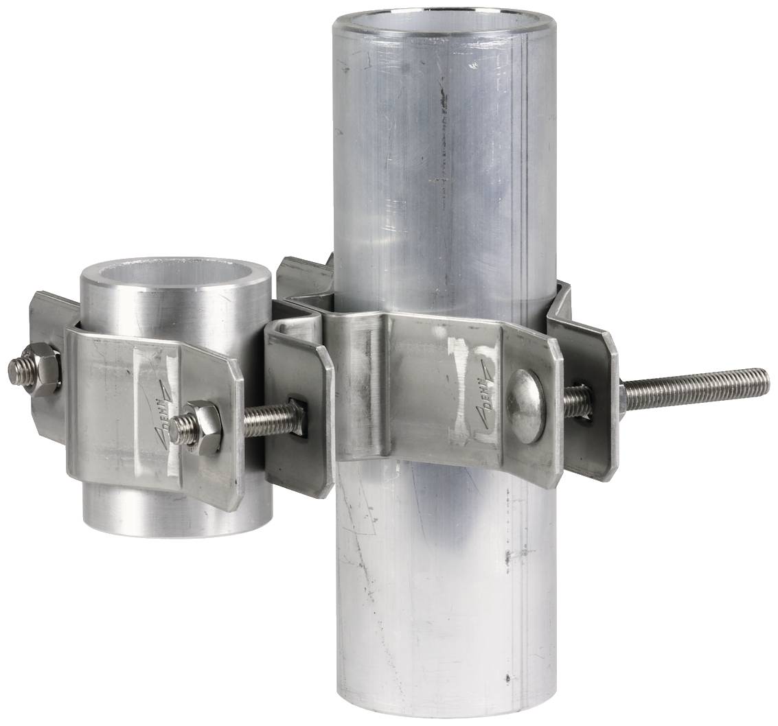 A silver metal pipe connector joins two pipes of different sizes. The connection is made using screws and metal plates.