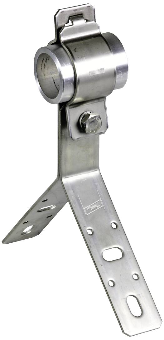 Metal bracket with a cylindrical element at the top. Two long legs at the bottom for fixing. Industrial component for support.