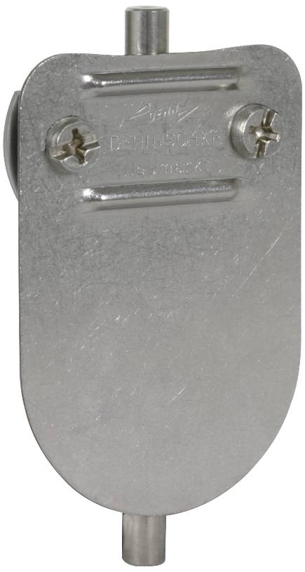 Metal part with two screws on a flat surface and a short cylindrical extension at the top and bottom.