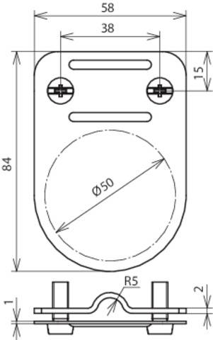Technical drawing of a metal angle bracket with dimensions: Height 84 mm, Width 58 mm, two mounting holes at the top, Circle Ø50 mm.