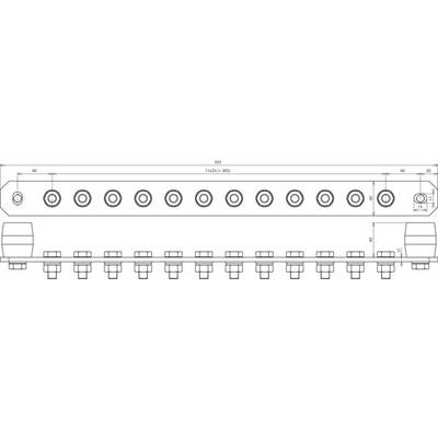 Technical drawing of a distributor with ten valves. The dimensions of 303 mm in length and valve-specific measurements are indicated at the top.