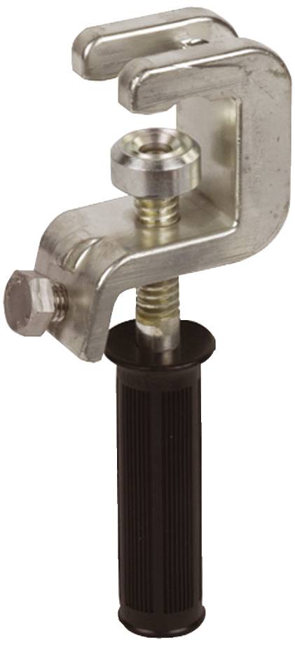 Metal clip with a black handle, used for gripping or securing items.