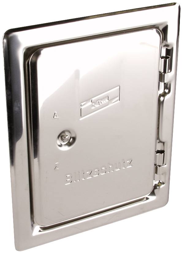 Metal cover with engraved text 'Lightning Protection', hinged on the right, silver-coloured.