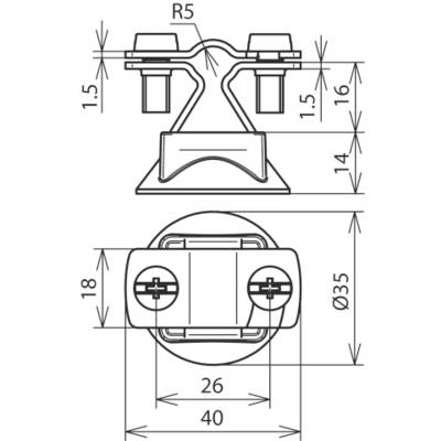 Technical drawing of a metal bracket with dimensions in millimetres. Shows top and side views with details of measurements.