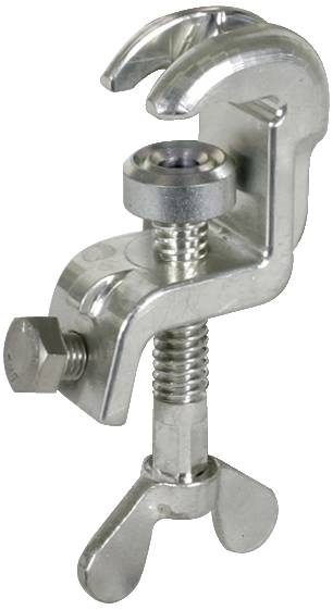 A silver metal clamp with a screw and wing nut for securing objects to a narrow edge or surface.