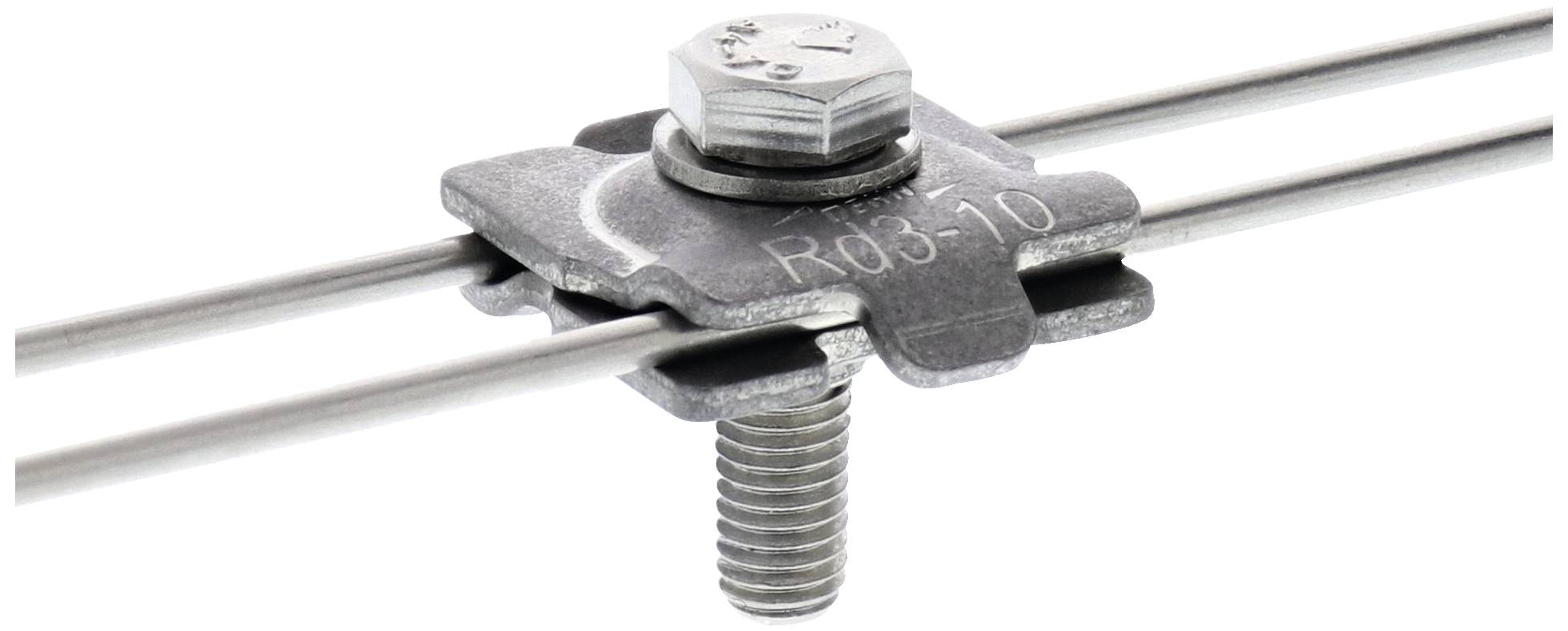 Metal connector with a screw that joins two parallel bars. Suitable for mechanical or electrical applications.