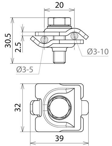 Technical drawing of a mechanical component with dimensions: Top 20 mm, side 30.5 mm and 39 mm bottom. Drill holes Ø3-10 and Ø3-5.