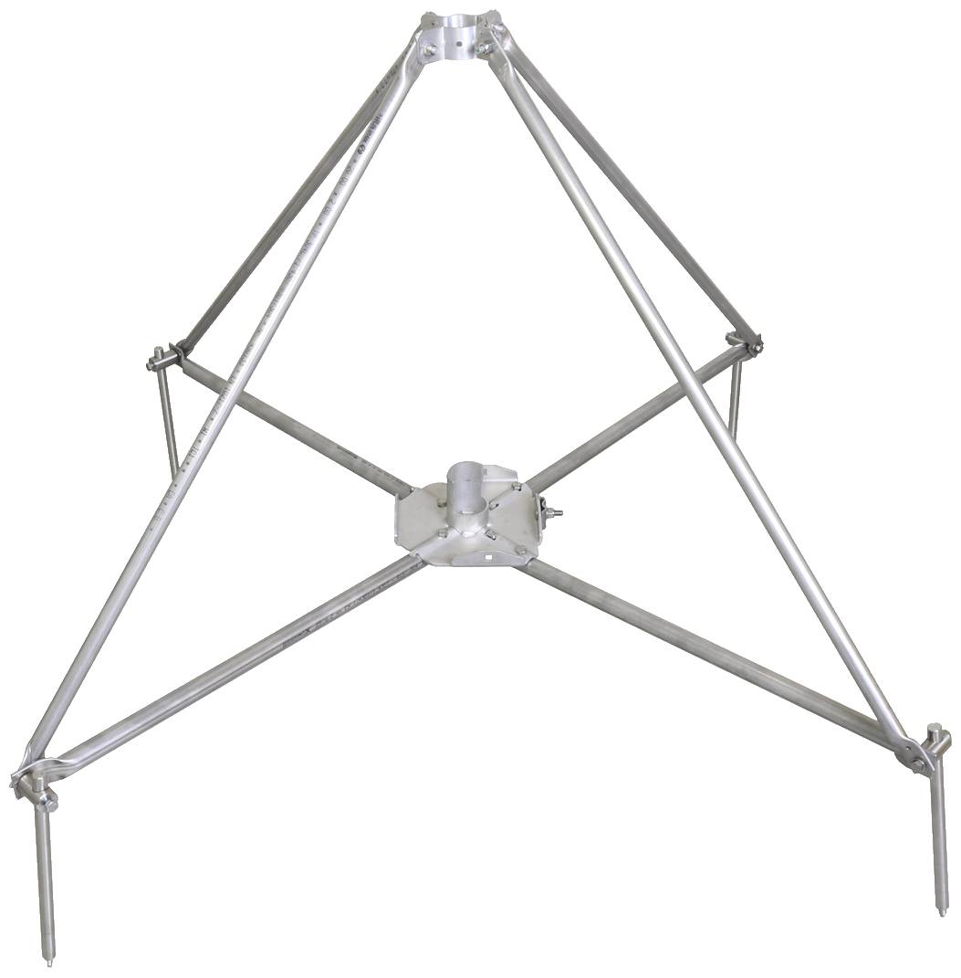'A stable three-legged metal tripod, suitable for mounting devices or aerials outdoors.'