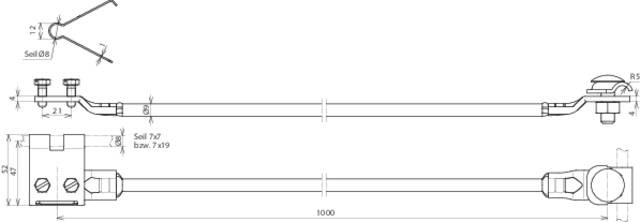 Technical drawing of a metal rod. Details such as dimensions and screw positions are indicated. Length of the rod is 1000 mm.