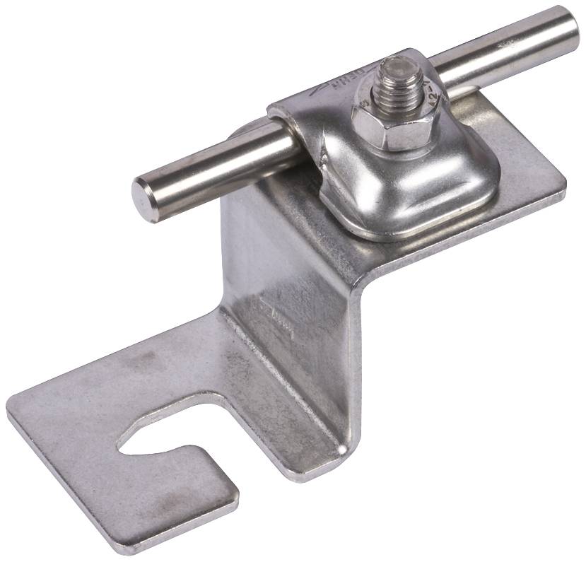 Stainless steel metal clamp with screw and rod for fixing. Used in solar installations for module mounting.