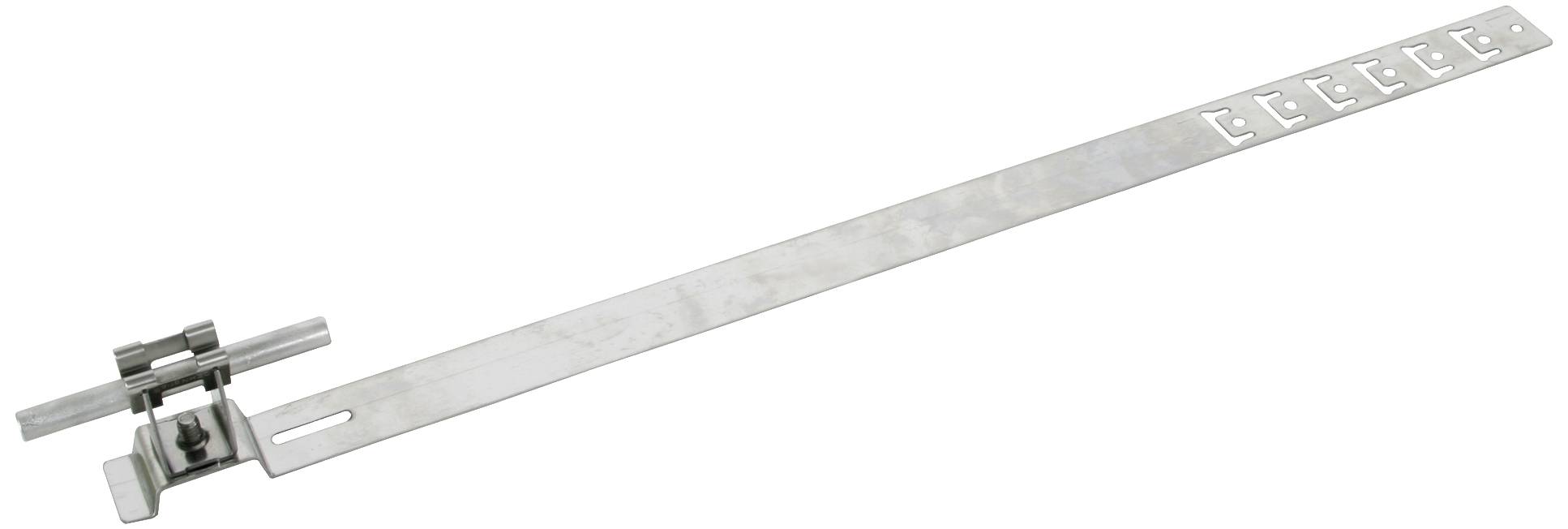 Metallic slide bolt with a long, perforated strip and locking mechanism at the bottom left.