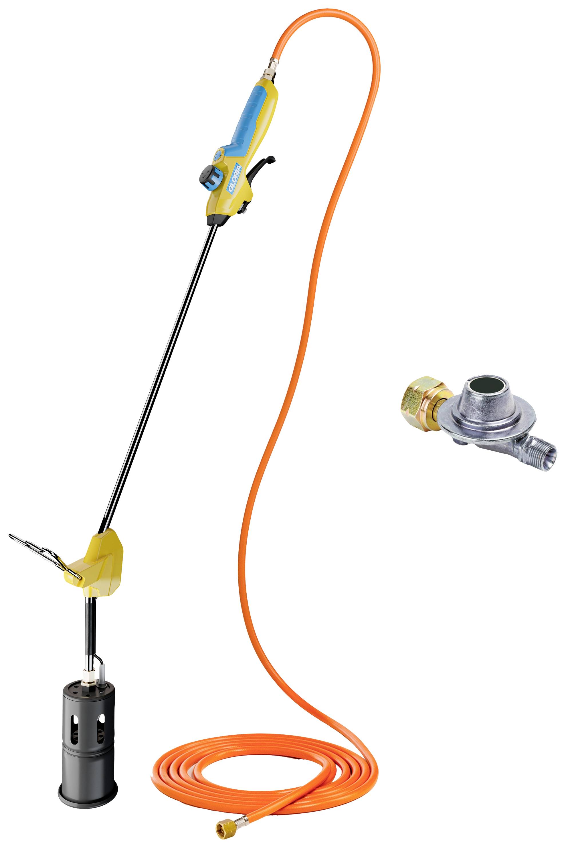 Gas burner set with long handle and orange hose, suitable for weed destruction, including gas hose connection.
