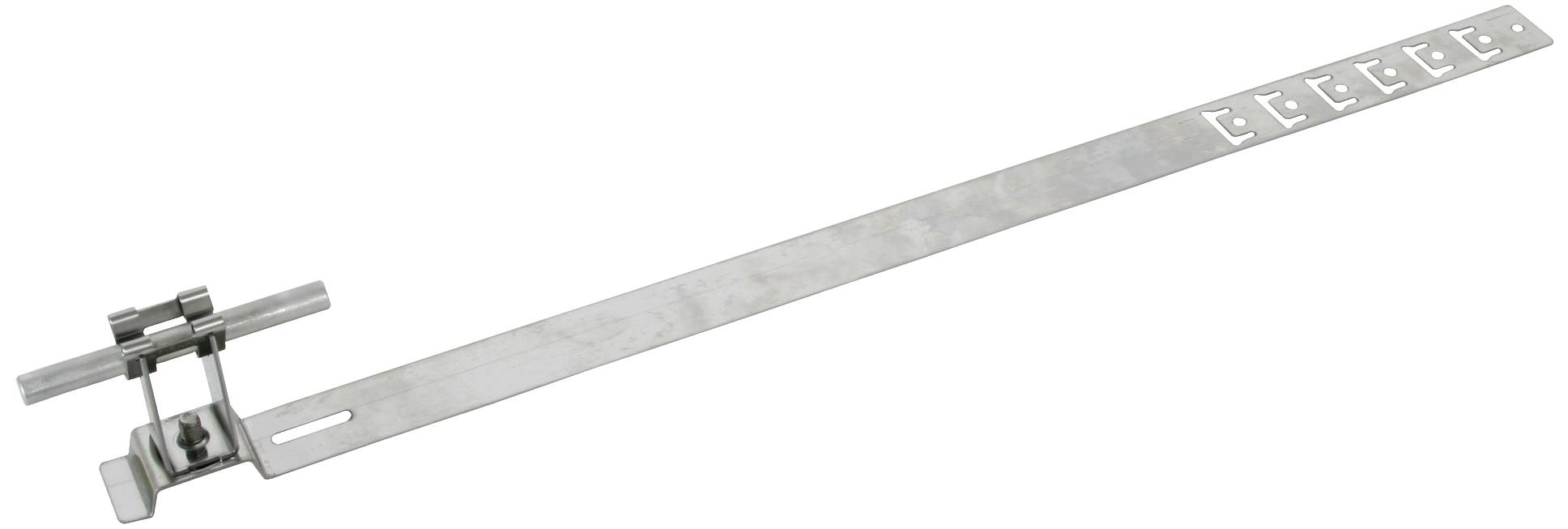 Metal hinge with a long arm and multiple fixing holes, suitable for door or flap installation.