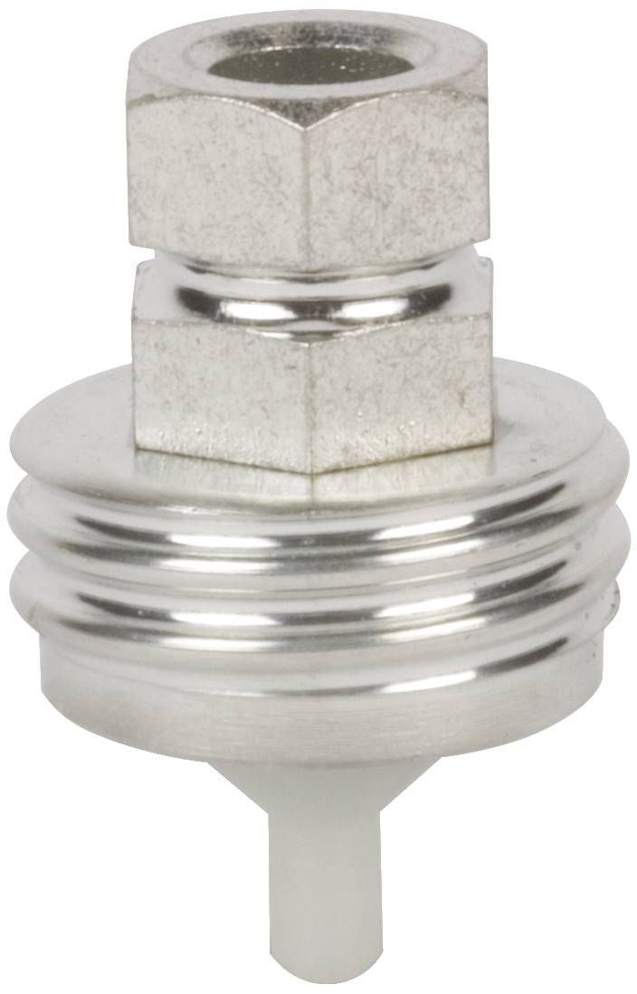 A metallic threaded component with a hexagonal nut and round ridges, likely a valve or connection.