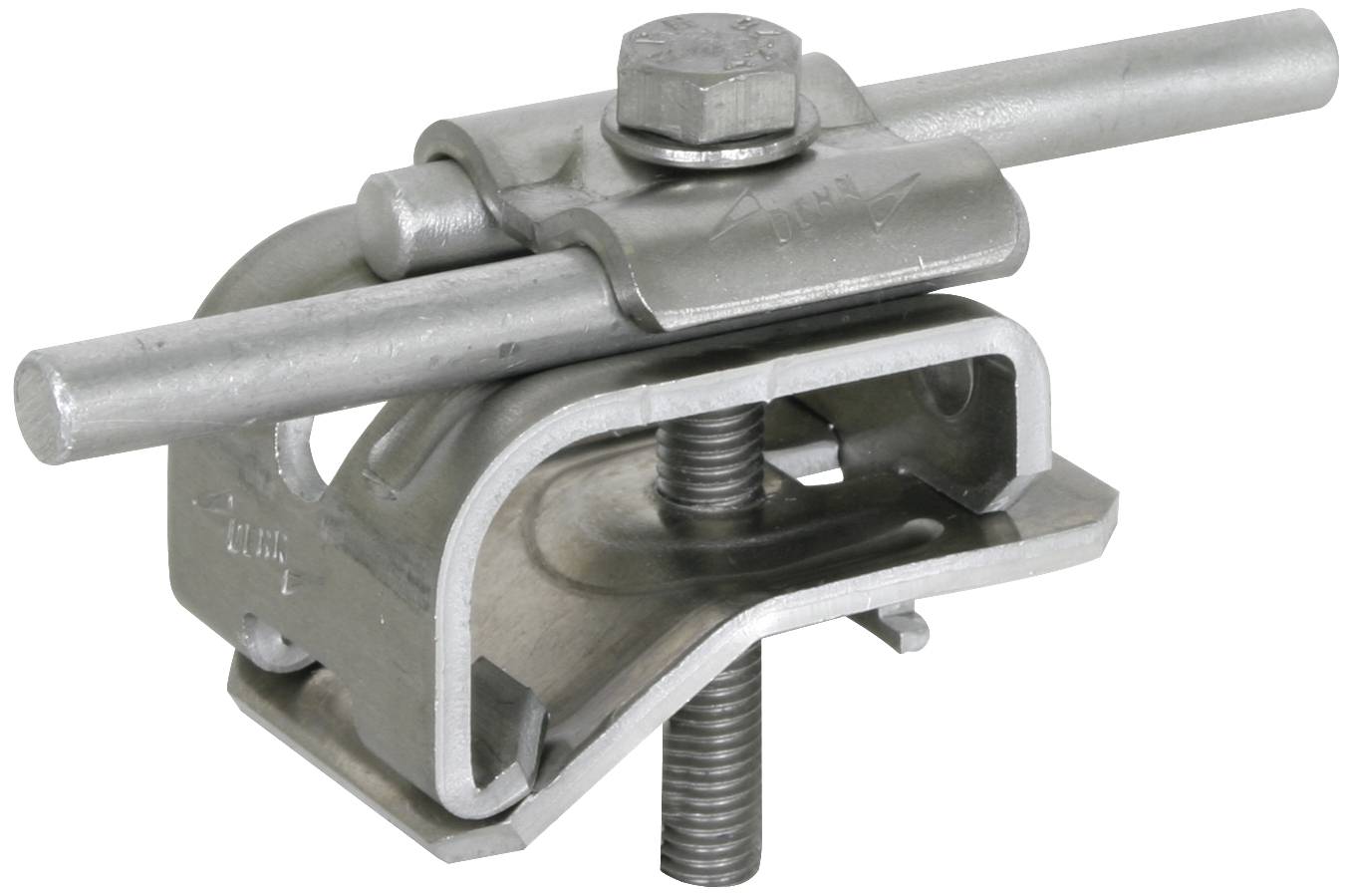 Metallic H-beam clamp with bolt and two tubes, used for securely fastening beams in building constructions.