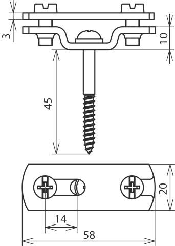 Technical drawing of a screw fastening with dimensions: 45 mm height, 58 mm width, hole spacings 14 mm and 20 mm.