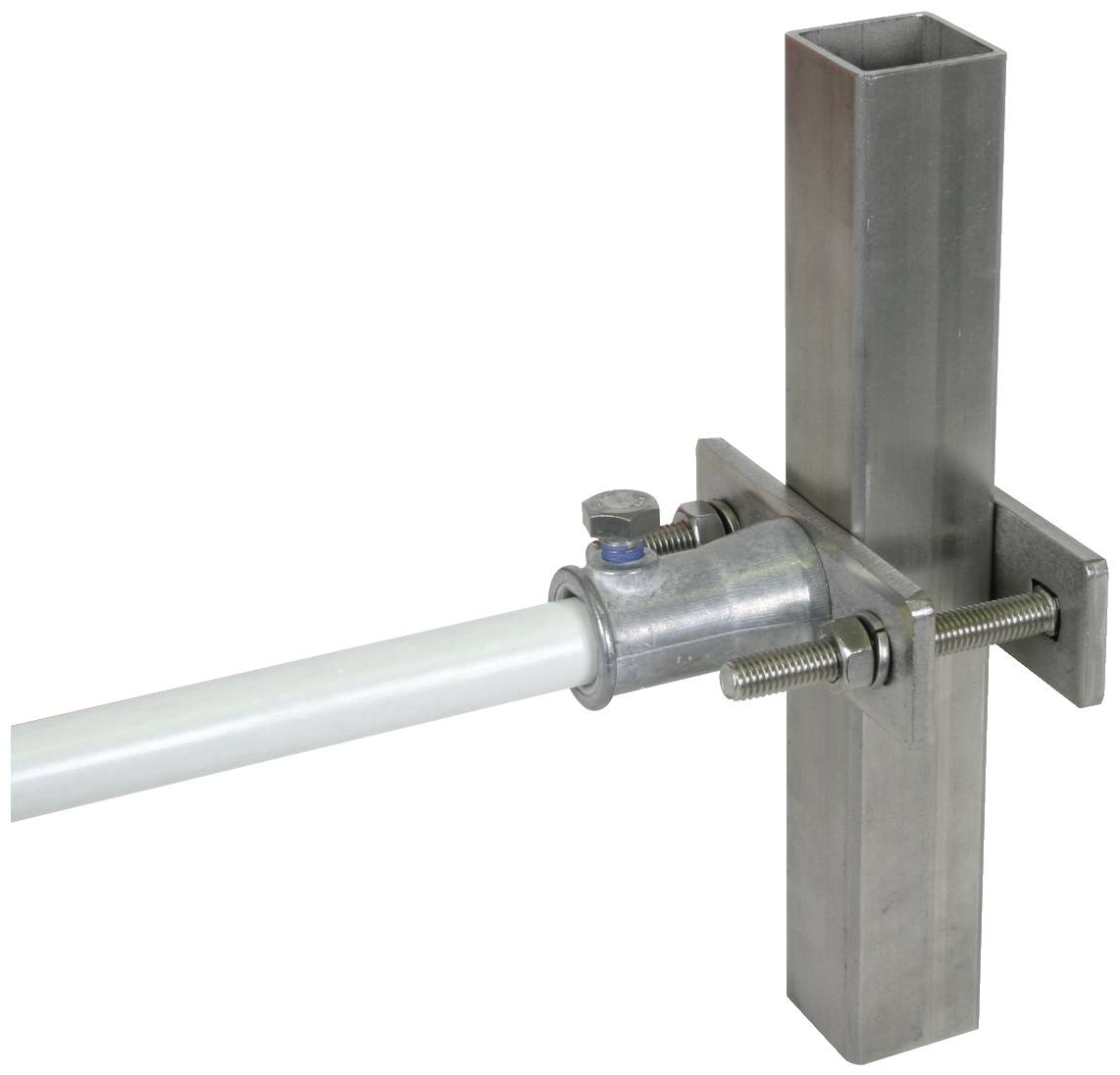 A metal bracket connects a round and a square pipe at right angles to each other.