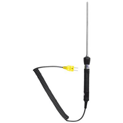 A digital temperature probe with a long, thin metal rod and spiral-coiled cable, suitable for precise temperature measurements.