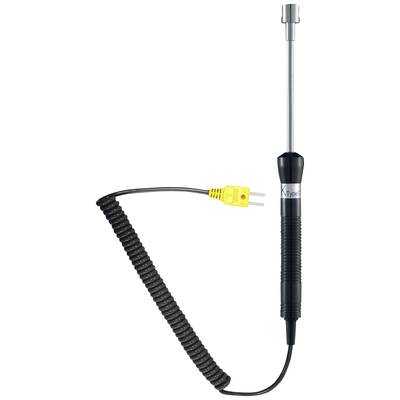 A K-type thermocouple with spiral cable and yellow plug, used for temperature measurement in scientific or industrial applications.