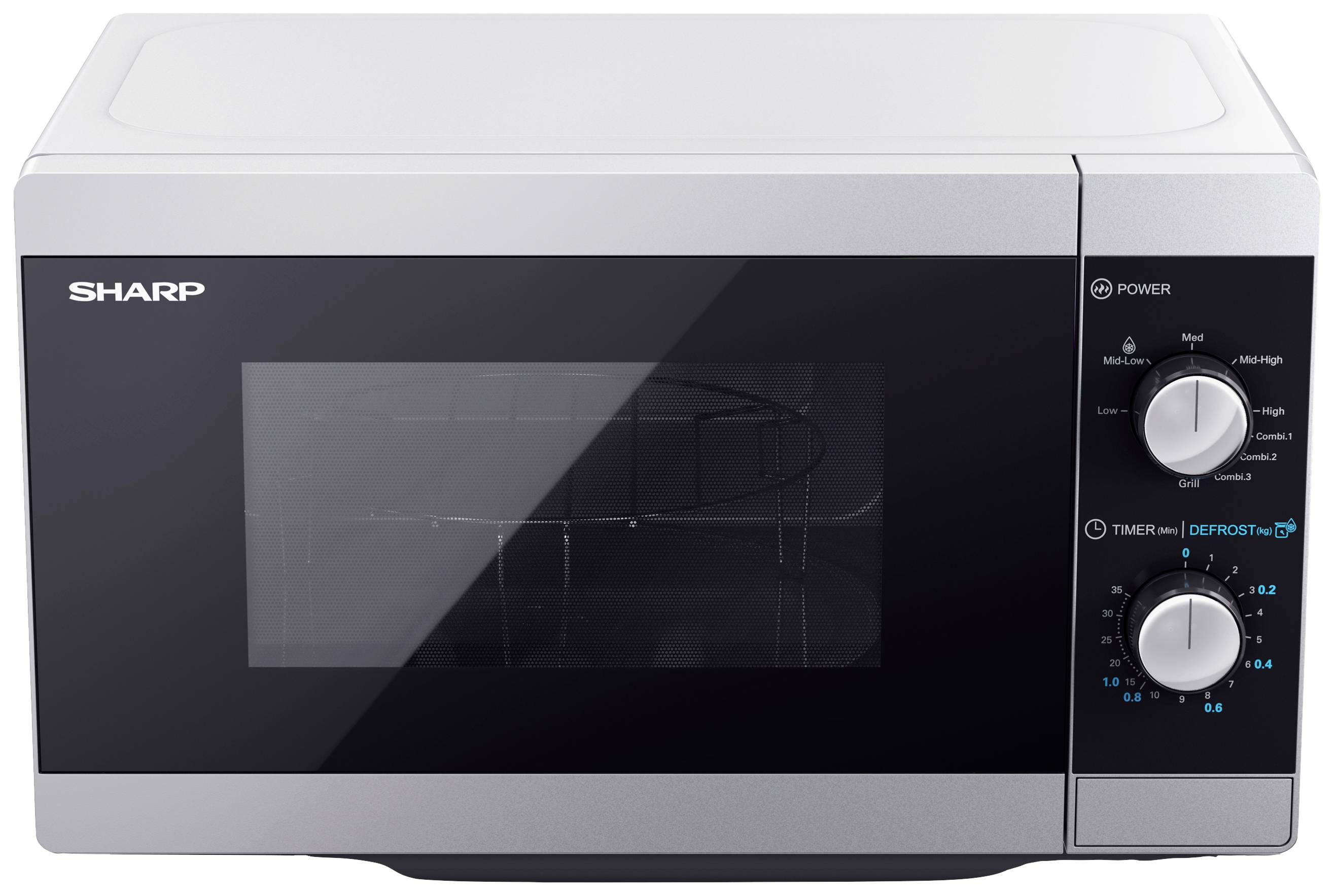 Silver microwave with a viewing window and two rotary knobs on the right side for power and timer.