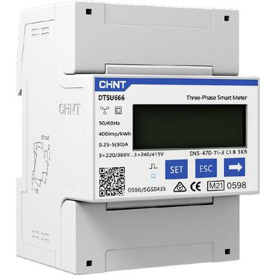 'Three-phase smart meter DTSU666 by Chint, displays electricity consumption data. Features buttons for configuration and display.'