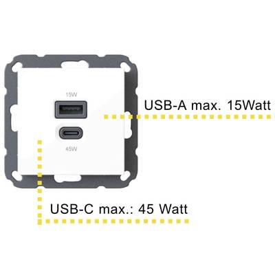 Wall socket with USB ports: Upper USB-A port max. 15 watts, lower USB-C port max. 45 watts.