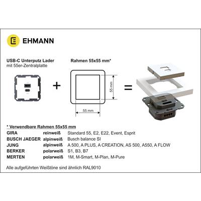 'USB-C Flush-Mounted Charger' by Ehmann. Compatible with 55x55 mm frames from leading brands such as Gira, Busch-Jaeger and Jung.
